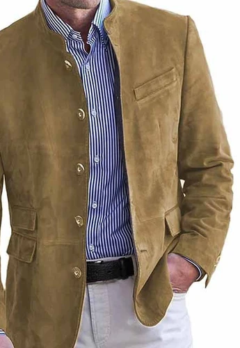 Imagen 2 del producto Otoño Invierno chaqueta Blazer de gamuza informal para hombre chaquetas de moda con botones de un solo pecho de Color sólido de manga larga