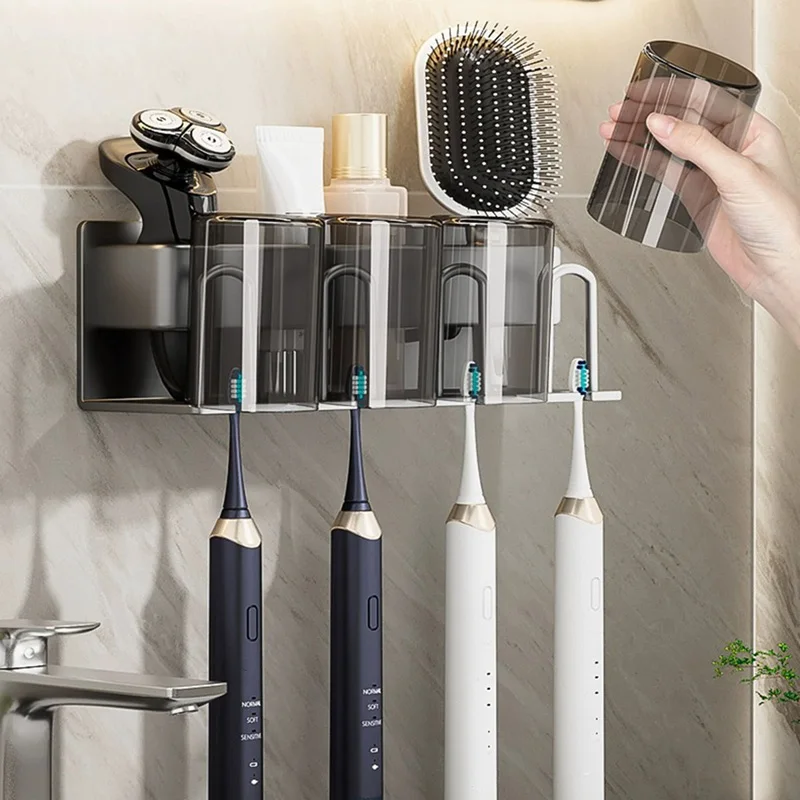 Aluminum Alloy Toothbrush Holder 2/3/4 Grids Toothpaste Rack Wall Mounted Shelf Bathroom Accessories Home Organizer Punch Free