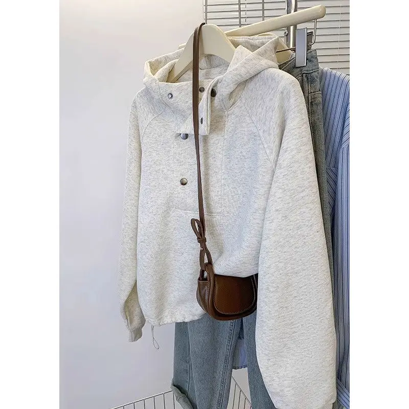 

Loose and Casual Solid Color Hooded Sweatshirt for Women in Autumn and Winter New Short Stand Collar Top