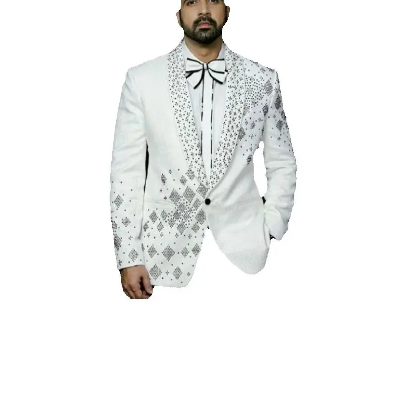 Crystals Men Suit Set 2 Pcs Groom White Blazer+Black Pants Trousers Formal Office Coat Wedding Tuxedo Customized Jacket Outfit