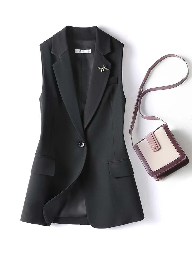 

Весенне-осенний женский приталенный жилет на одной пуговице с отложным воротником и разрезом, модный, для офиса, из полиэстеровой смеси