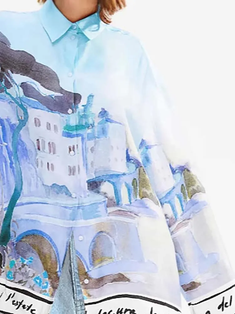 

Fashion Pattern Printed Long Sleeve Shirt Satin Women's Lapel Collar Single Breasted T-shirt Casual Loose Commuter Autumn Tops