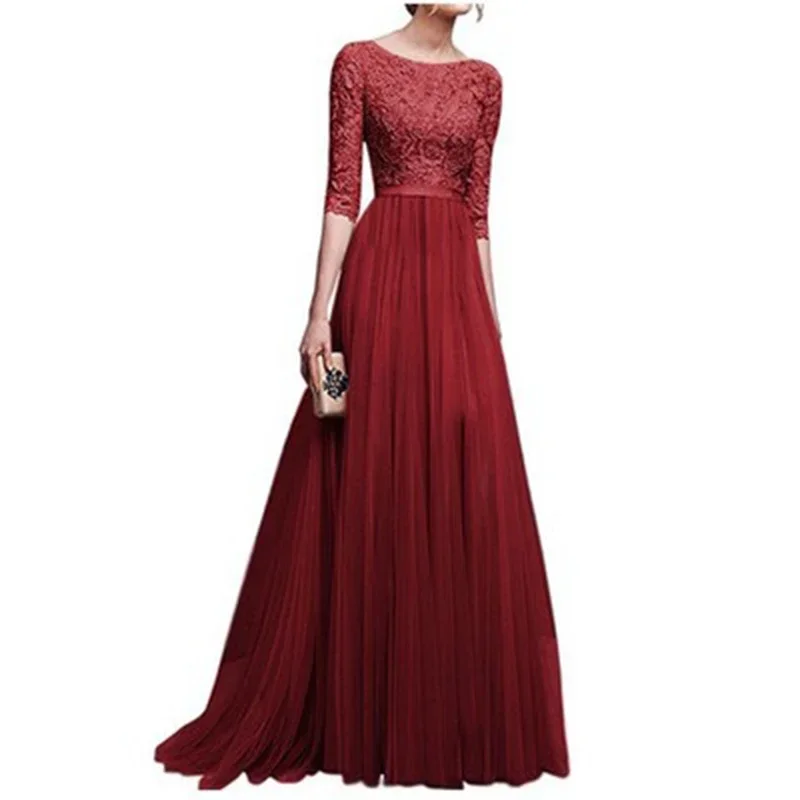 

Women Three Quarter Sleeve Lace Long Evening Party Dress 2024 Mature Sexy Elegant Applique New Style Fit Maxi Dresses Female Ins