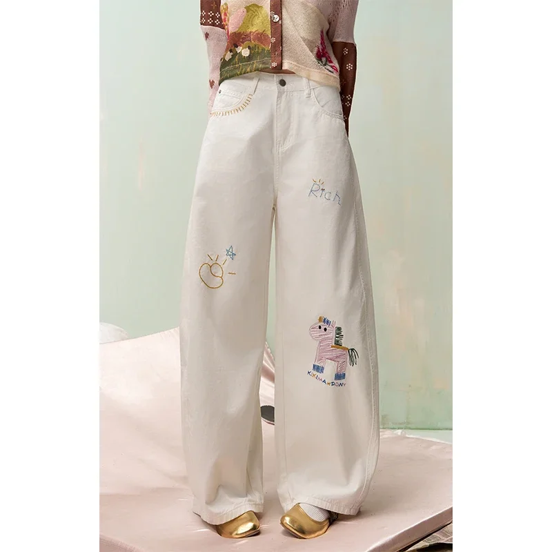 ELFSACK Women's Embroidered Pony Wide Leg Jeans High Waist Barrel Fit Casual Denim Pants