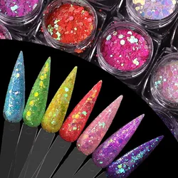 Lentejuelas de purpurina iridiscentes para uñas, 10 g/bolsa, mezcla de 0,4/1/3mm, forma hexagonal, decoración de uñas, copos de manicura