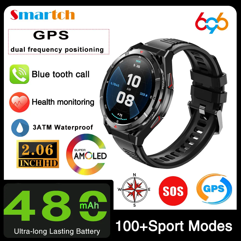 

Smart Watch GPS Sport Compass Altitude Air Pressure Blue Tooth Call 3ATM Waterproof Blood Oxygen Health AMOLED Screen Smartwatch