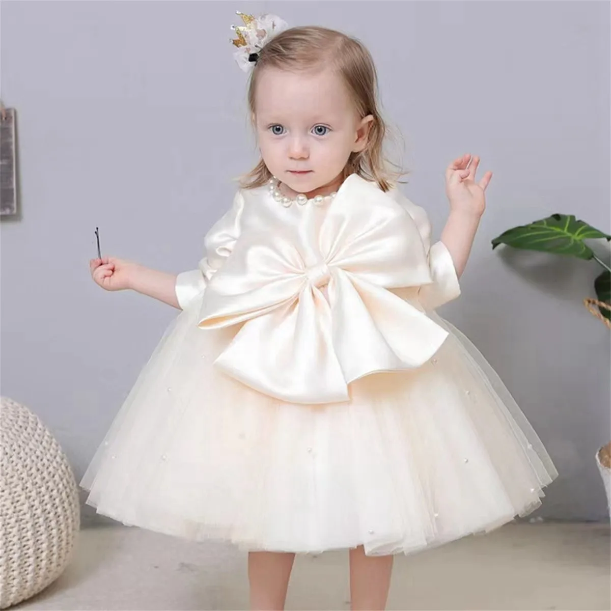 Vestidos de flores para niñas, hermoso vestido de baile de Puff rosa para boda, tul con cuentas, fiesta de cumpleaños, vestidos de primera comunión para niños