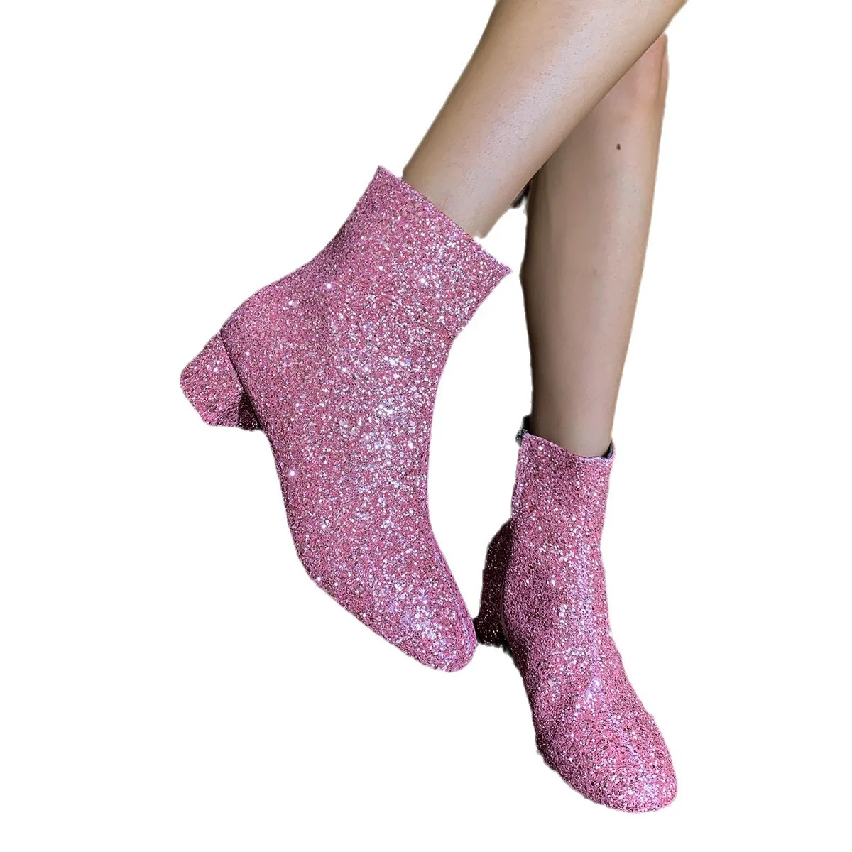 Fashion Sequins Women Boots Pink Ladies Plus Size Round Toe Ankle Boots Glitter Casual Chunky Heel Short Boots Party High Heels