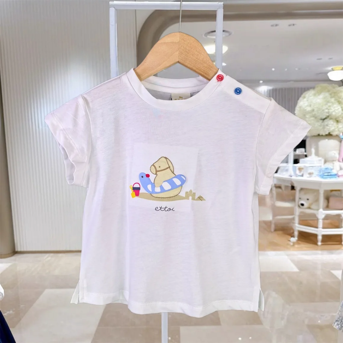 

Kids Summer T-Shirt Cute Beach Animal Print Short Sleeve Top with Colorful Shoulder Buttons for Toddlers