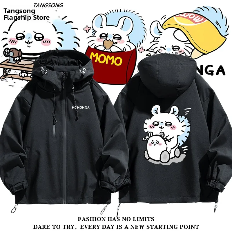 

ex Trendy Jaet Windproof Polyester Fiber Long Sve Hooded Zipper Closure Cartoon Anime Outerwear for Men And Women