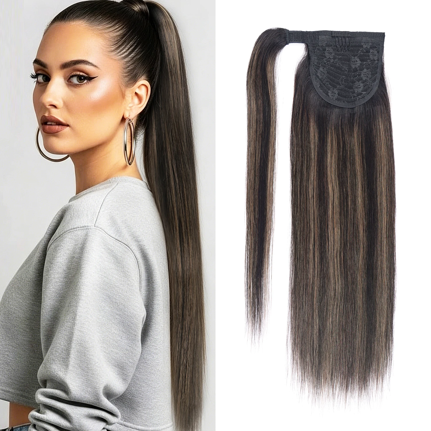 Wrap Around Ponytail Human Hair Extensions Long Straight Ponytail Clip in Handmade Real Human Hair Ponytail Extensions for Women