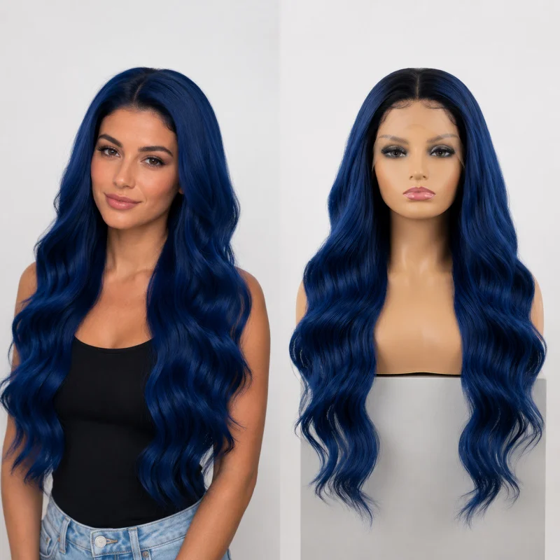 

26 Inch 13x4 Lace Front Ombre Black to Navy Blue Body Wave Synthetic Wig, Pre Plucked Hairline, Silky Heat Resistant Fiber