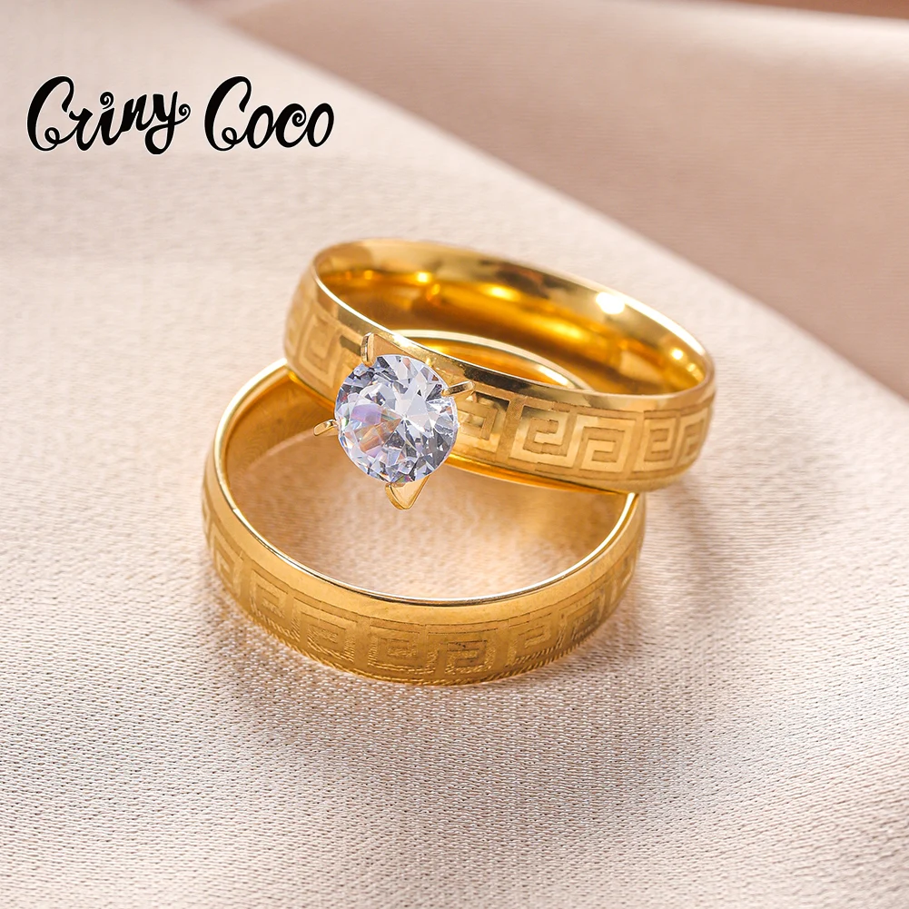 Cring Coco Stainless Steel Couple Ring Trend Great Wall Pattern Jewelry Wedding Rhinestones Zirconia Rings for Women Men Lover