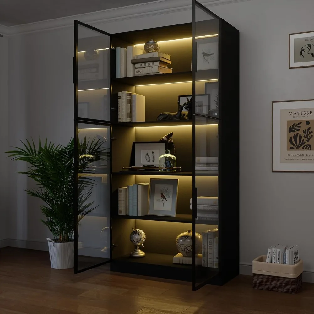 Display Cabinet, 5-Shelf Cabinets, 78.7-Inch Tall with 4 Glass Doors for Bedroom, Living Room, Bookshelf Display Cabinet