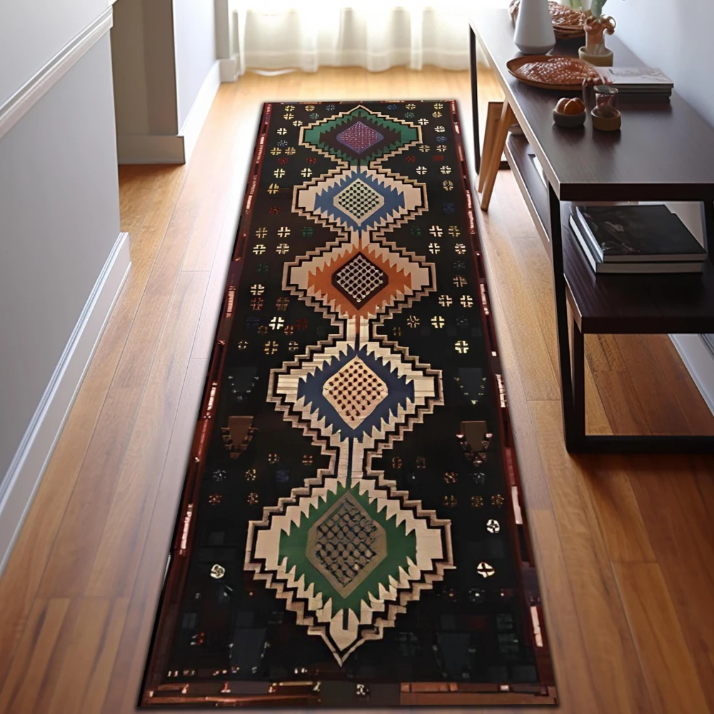 Boho Ethnic Diamond Geometric floor mat villa corridor backyard laundry runner rug washable nonslip mat Gift