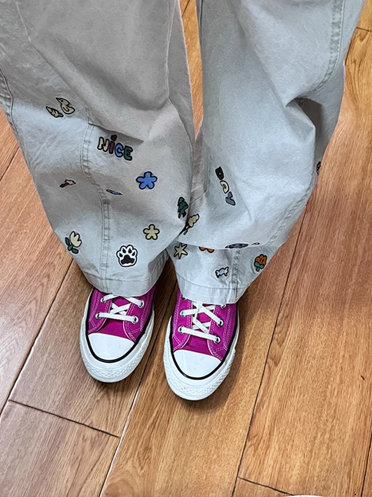 

Cleanfit широкие брюки с вышивкой мультфильмов, повседневные прямые джинсы, мужские расклешенные брюки в американском стиле, осенние джинсы свободного покроя