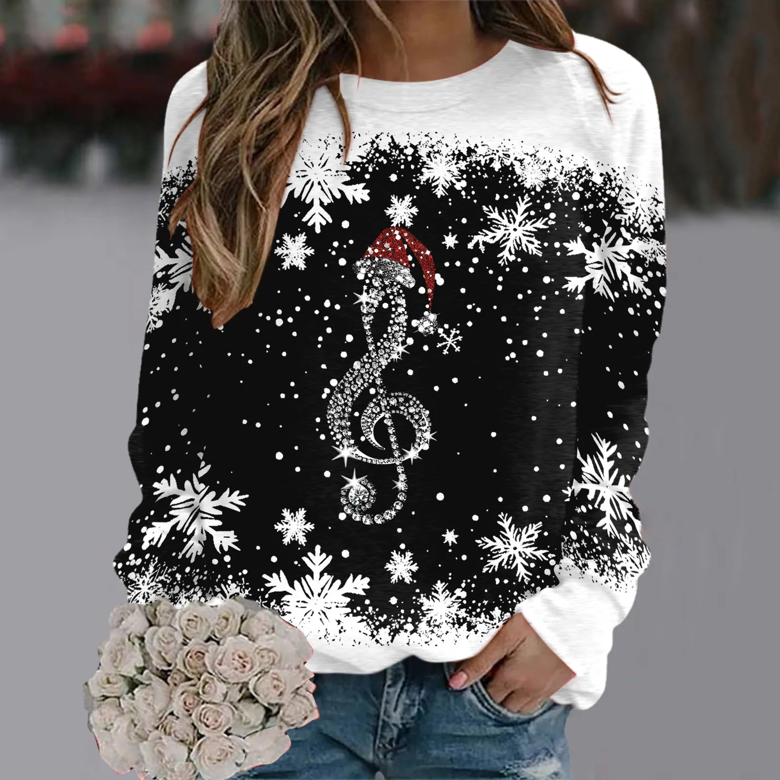 New Year Musical Note Wine Cup Print Women Pullovers Christmas Long Sleeve O-Neck Sweatshirt Autumn Snowflake Patchwork Clothes