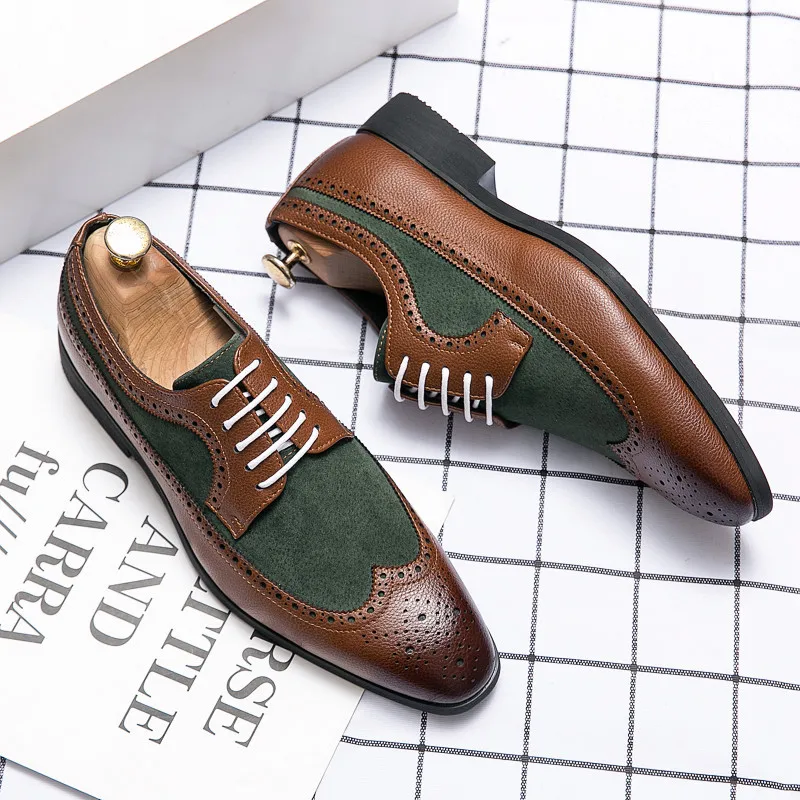 British Men's Trendy Shoes Splicing Fashion Men's Block Shoes High-end Banquet Business Dress Shoes Pointed Toe Big Size：38-48