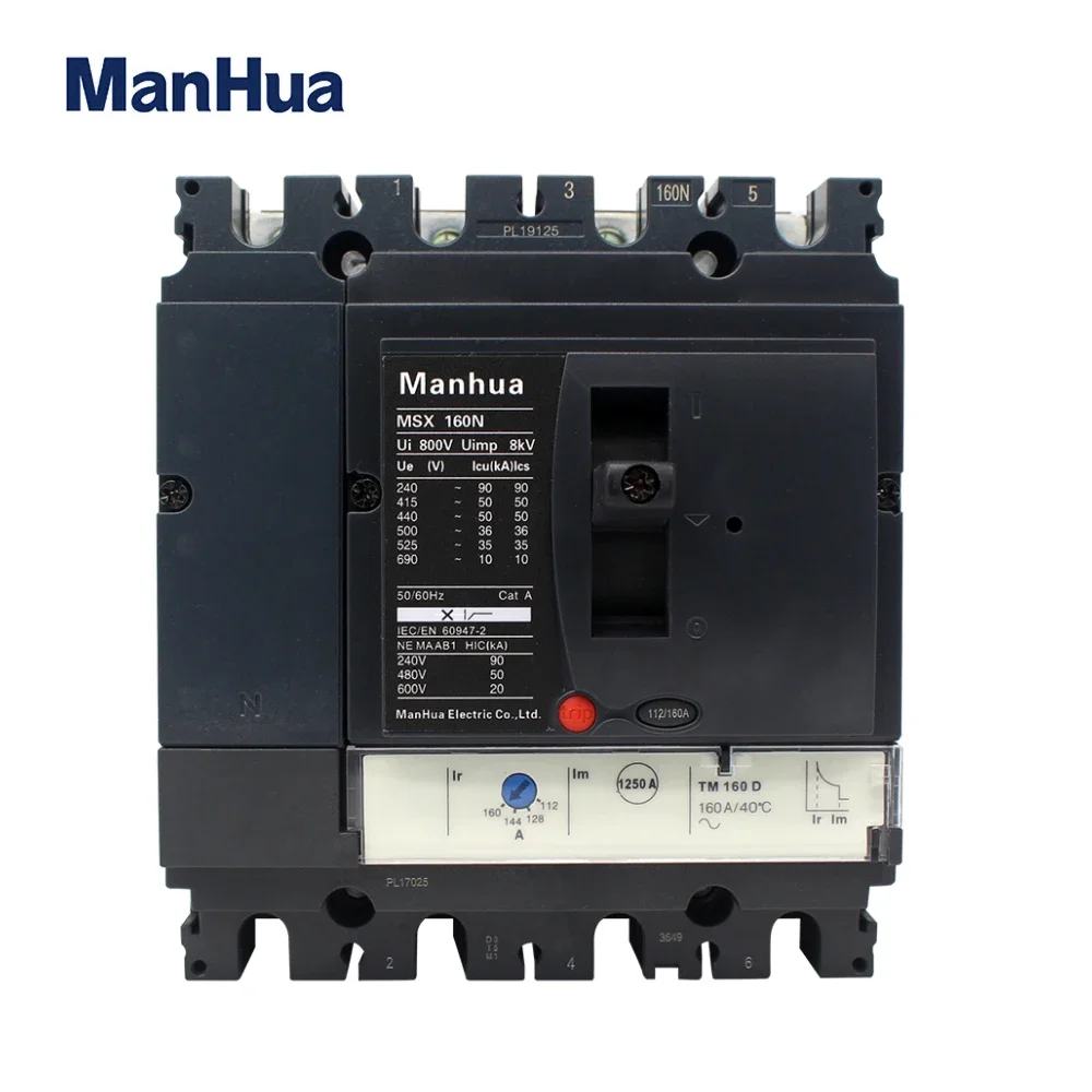 ManHua MCCB 3P 4P Breaking Capacity Adjustable 120A 160A MSX-160N Vigi Moulded Case Circuit Breaker