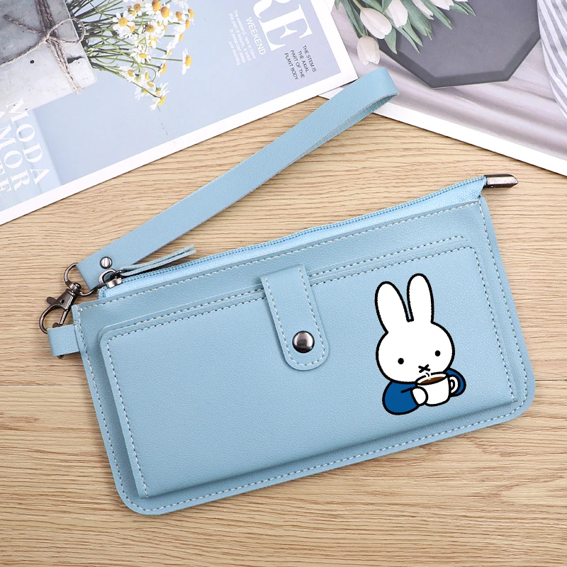 Portefeuille en cuir Miffy mignon, fin et long, exquis, avec fermeture éclair, pour cartes bancaires et argent, sacs de rangement, cadeaux d'anniversaire pour filles