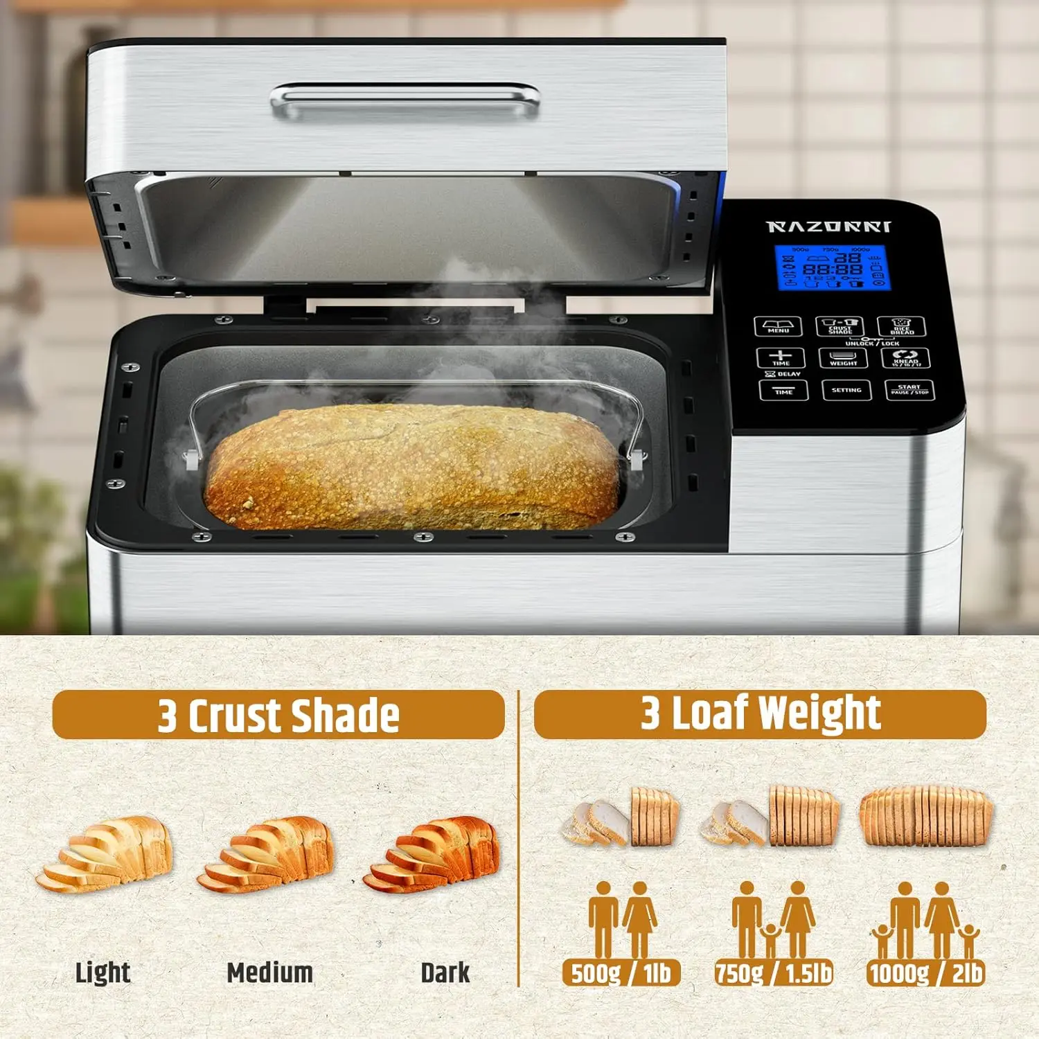 Máquina para hacer pan de acero inoxidable con certificación UL, sartén antiadherente para pan, casera, ajuste sin gluten, inicio retardado, mantiene el calor,