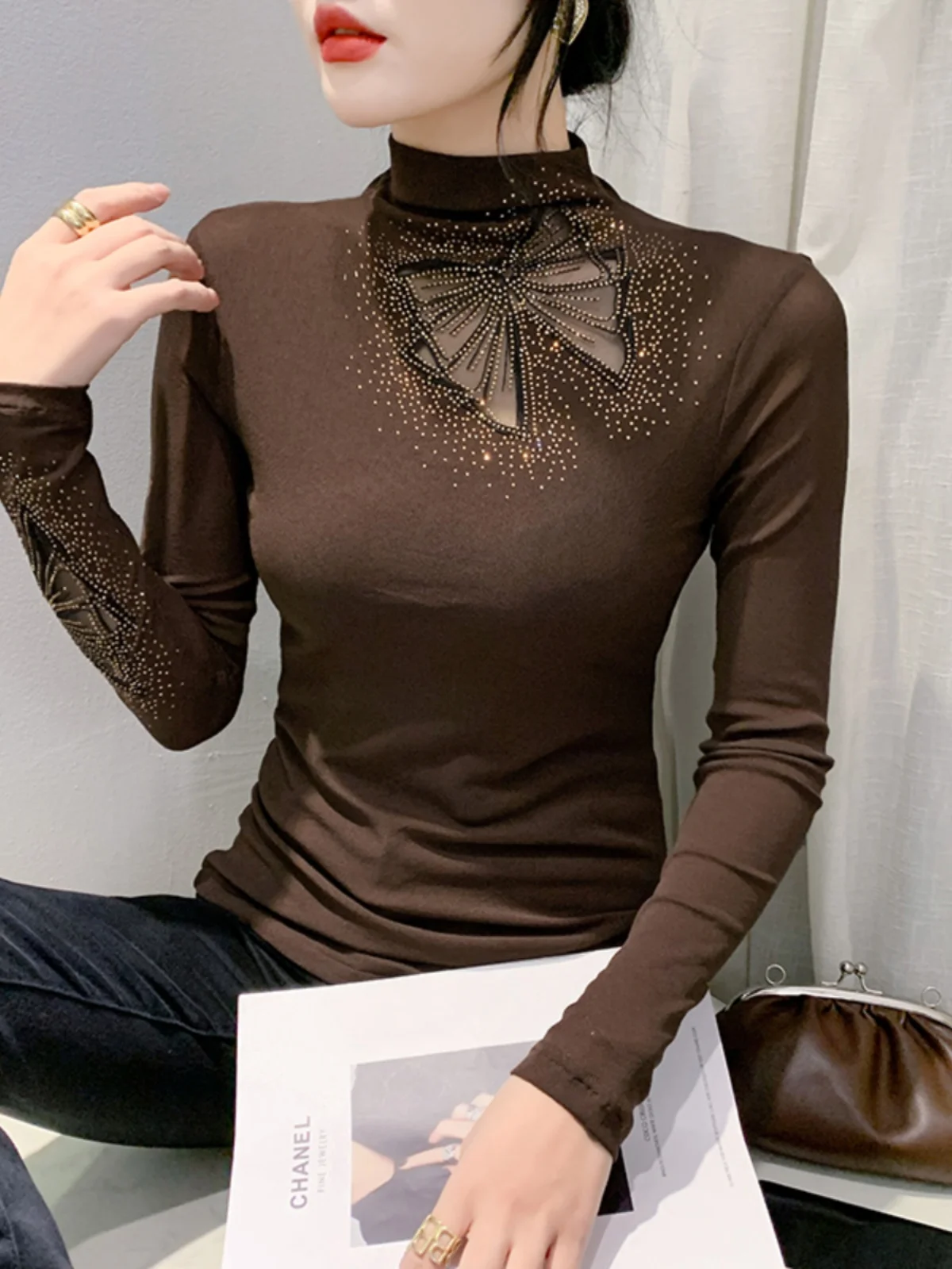 Autumn New Half Turtleneck Long Sleeve Diamond Mesh T-shirt Women\'s Slim Fit Base Black TShirts BH9739