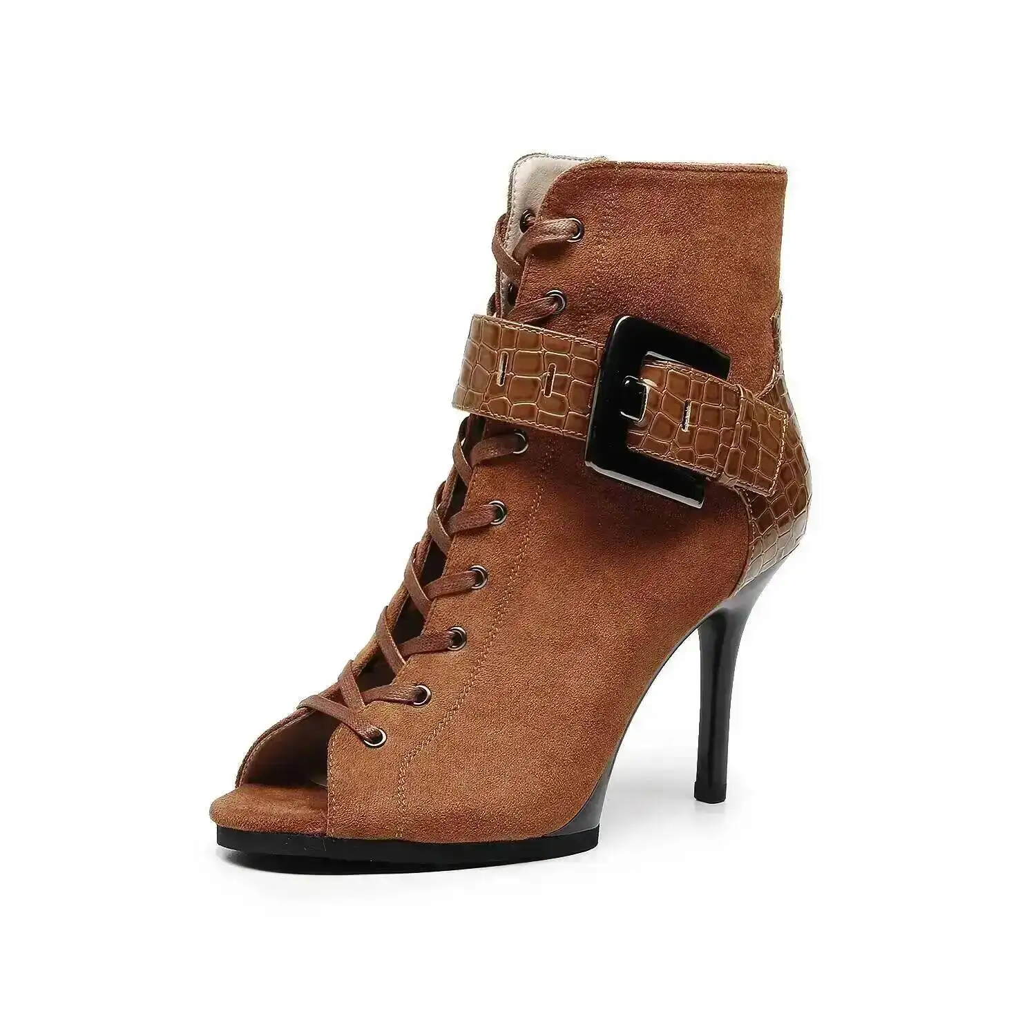 Women Peep Toe Stiletto High Heel Dance Ankle Boots Croc Buckle Strap Lace‑up Latin Salsa Dance Shoes Brown Nightclub Party Heel