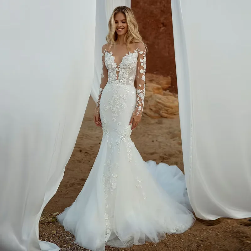 Vestidos de casamento boêmio personalizados, elegantes, femininos, sexy, decote em v, sereia, destacável, dois em um, apliques, botão, vestidos de noiva