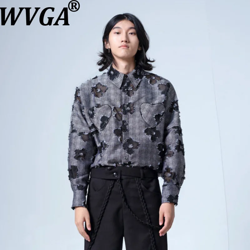 WVGA Spring Autumn New Men Tide French Style Luxury Trendy Mesh Long Sleeve Shirt Niche Chic Casual Turn-Down Collar Tops W18624