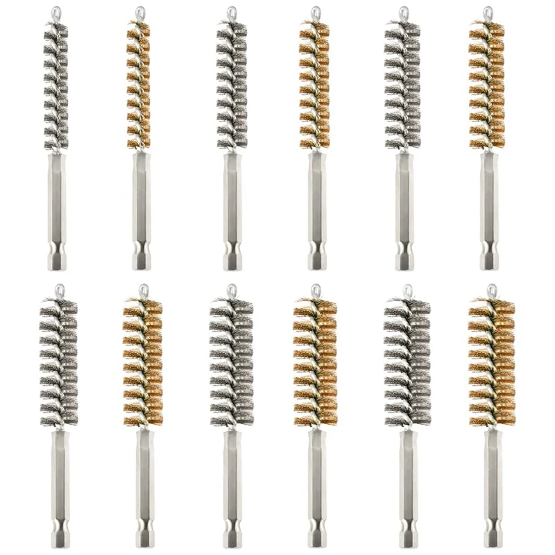 12Pcs Wire Bore Brush Bore Cleaning Brush Brush Set Stainless Steel Wire Twisted Brush For Drill Impact Driver In 6 Size