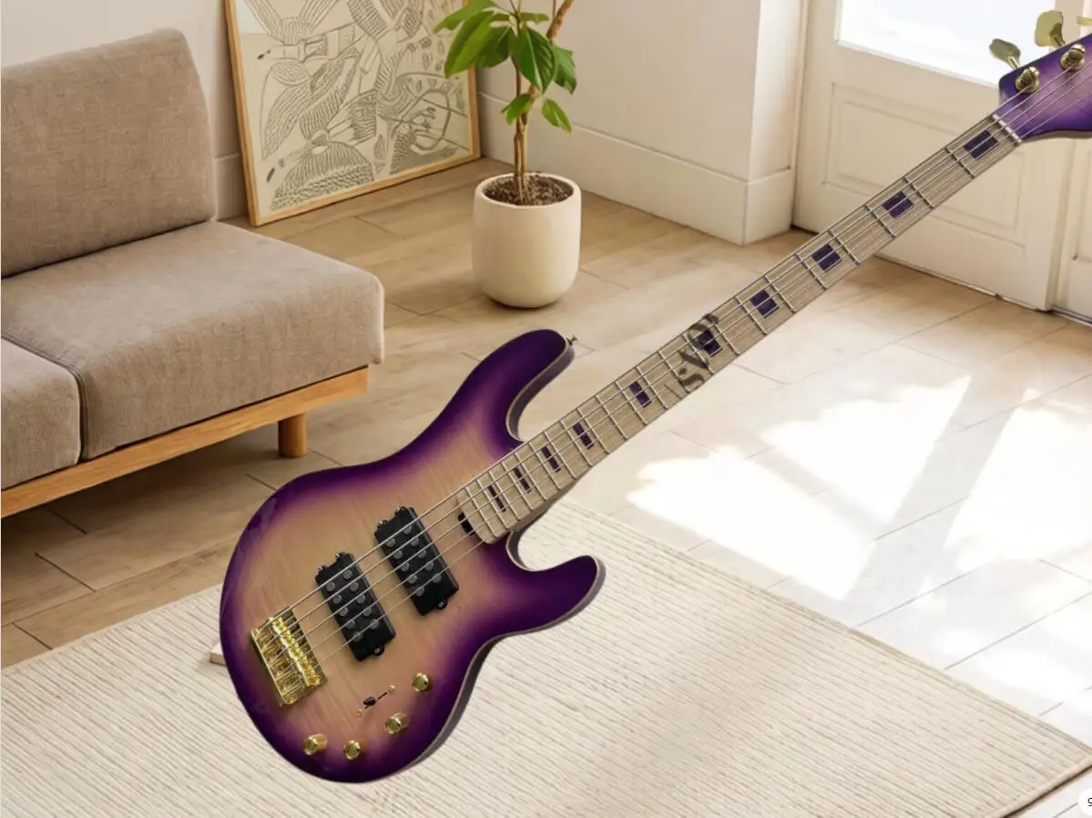5 strings violet bass guitar, Ash wood body with wood binding, HH pickups, golden bass bridge, customizable