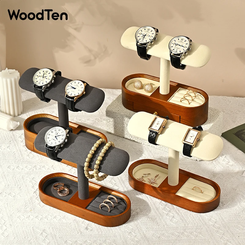 WoodTen Wood Watch Display Stand Jewelry Accessory Organizer T-Bar Display Holder Organizer Bracelet Jewelry Watch Headband Rack