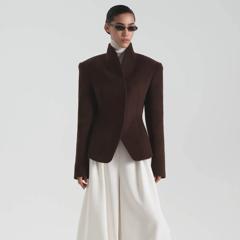 RU 2026 Autumn Winter High Stand Collar Wool Blend Jacket Shoulder Pads Fitted Waist Cropped Wrap Front Chic Outerwear