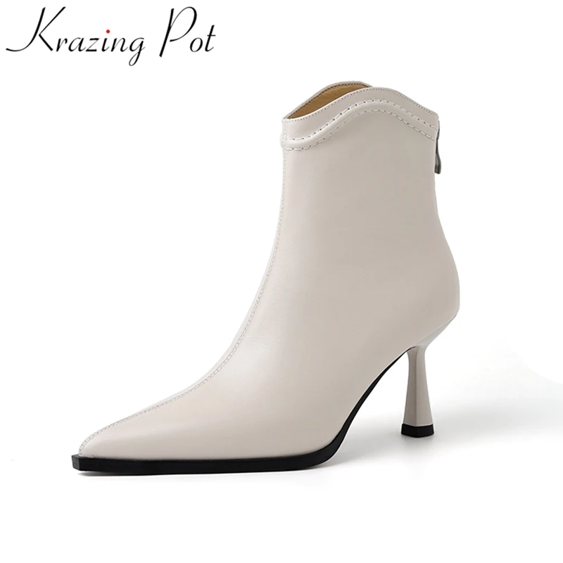 

Krazing Pot Fashion Pointed Toe High Heels Zipper Modern Boots Warm Size 40 Office Lady Winter Shoes Party Solid Ankle Boots