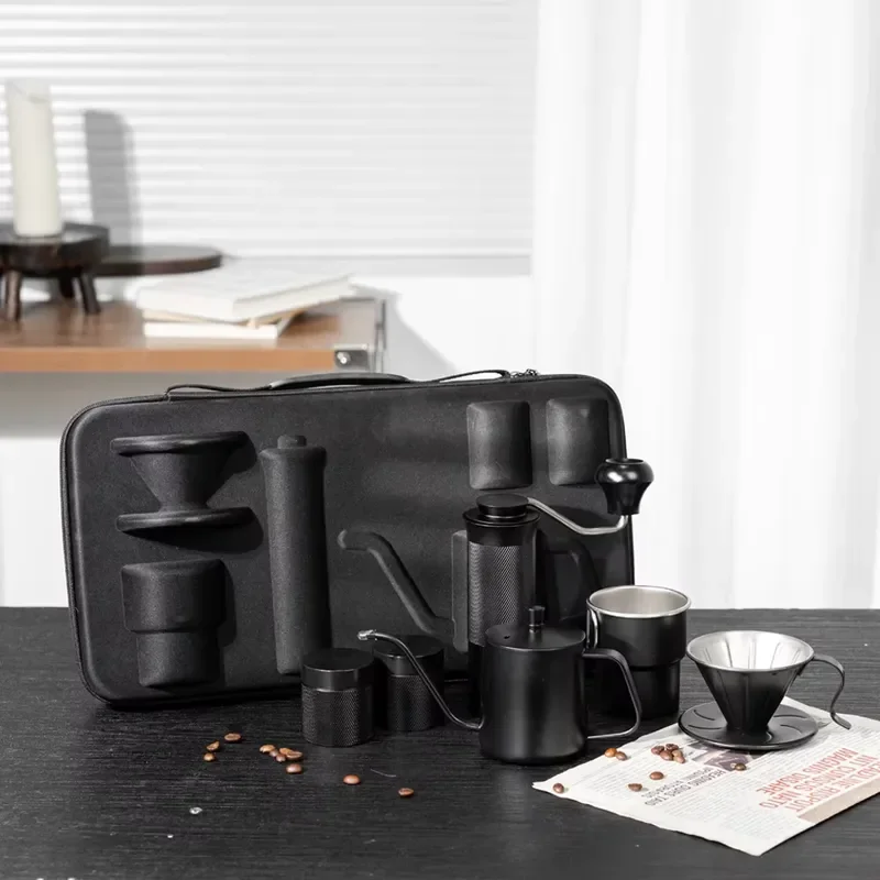 Portable Metal Coffee Tea Set Black Travel Mug Porcelain Cup Accessories Outdoor Camping Picnic Drinkware Kit For Two People