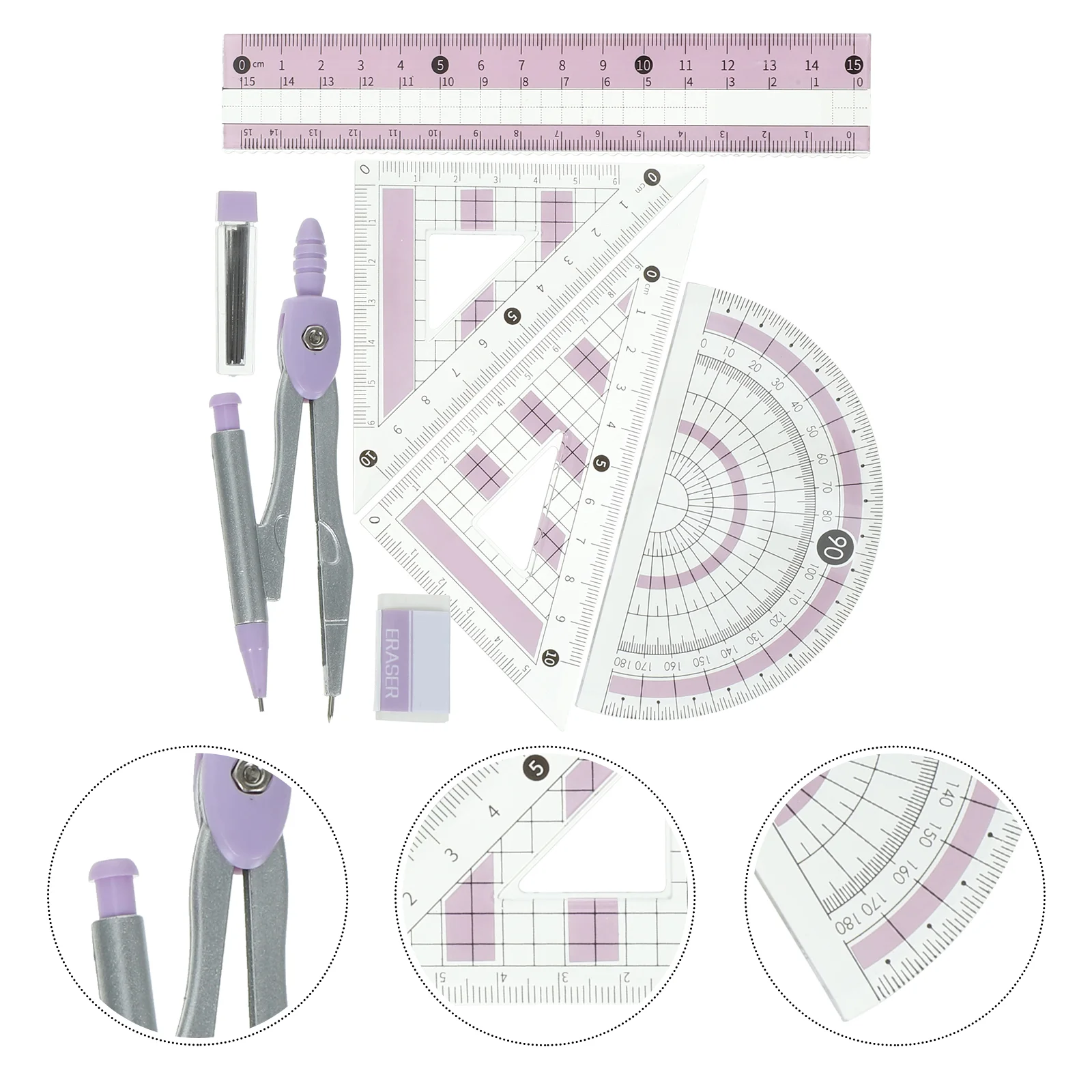 Juego de reglas, transportador, brújula y dibujo de oficina para suministros de geometría, papelería para estudiantes, triángulo