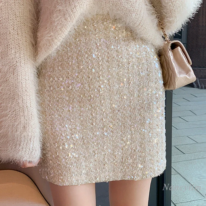 Chic Woolen Skirt Sequined Short Skirt Women's Spring and Autumn Flash Foreign Style Apricot Tweed Hip Skirts High-end Ladies