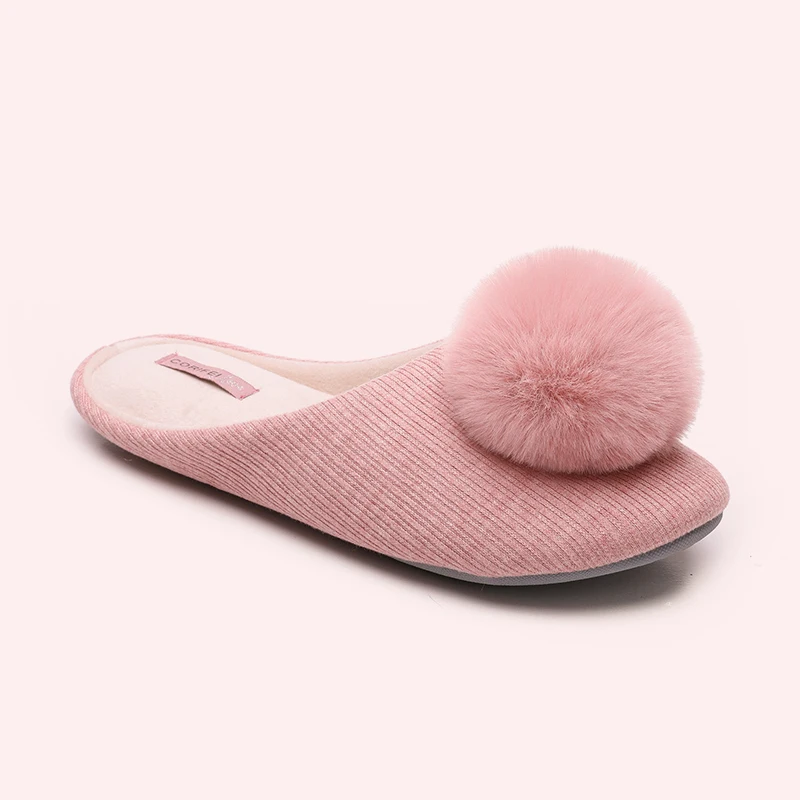 Bebealy Indoor Women Summer Shoes Cute Hairball Home Flat Slippers Soft Fashion Women Slippers Antiskid Flat Slippers For Women