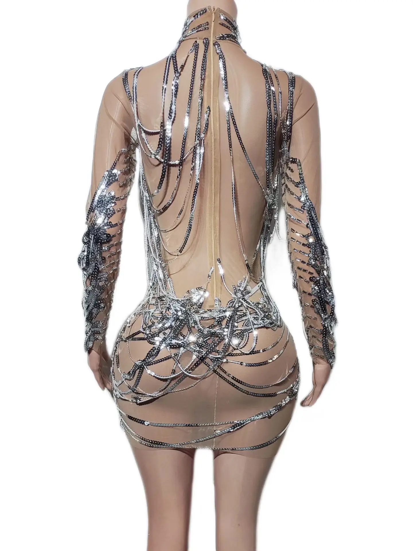 Sparkly Silver Rhinestone Outfit Chain Tassel High Neck Long Sleeve Mini Dress Women Party Event Sheer Mesh Sexy Dress Luanxian