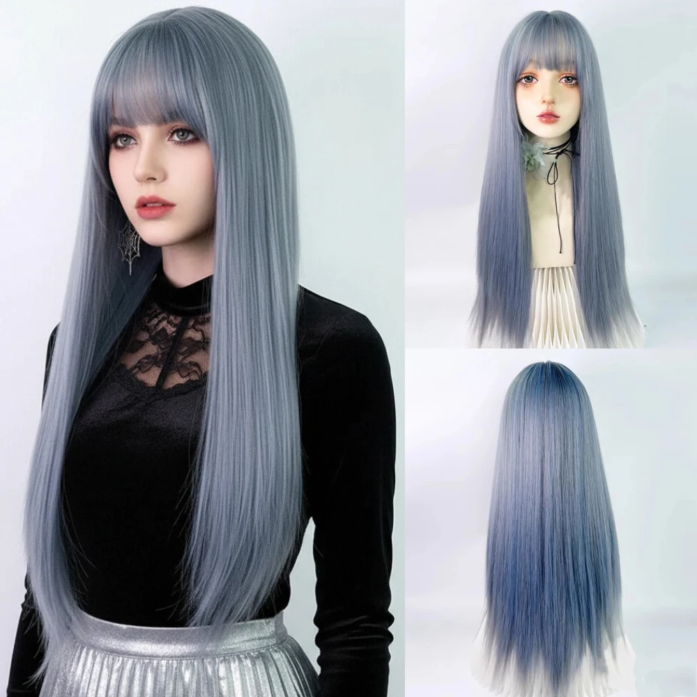 

Женщины Лолита Косплей Синие Длинные Синтетические Прямые Парики с Челкой Пушистый Термостойкий Парик для Ежедневной Вечеринки