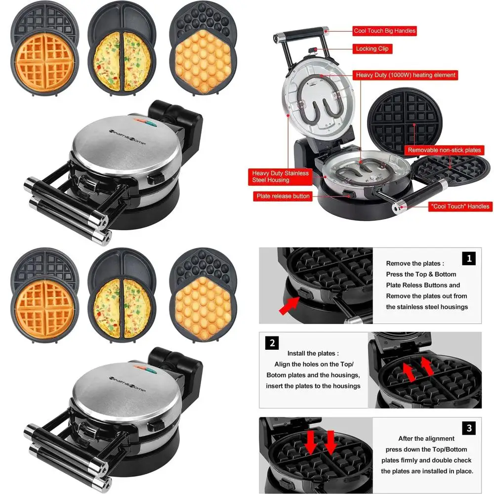 

Яйцеварка 3-в-1 со съемными антипригарными пластинами, 360 ° Вращающаяся вафельница для бельгийских вафель