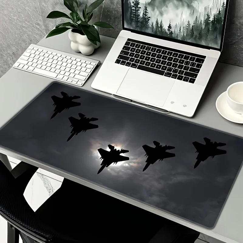 

1pc Extra Large Fighter Jet Design Mouse Pad - HD Creative Aircraft Silhouette, Non-Slip Rubber Base, Stitched Edges