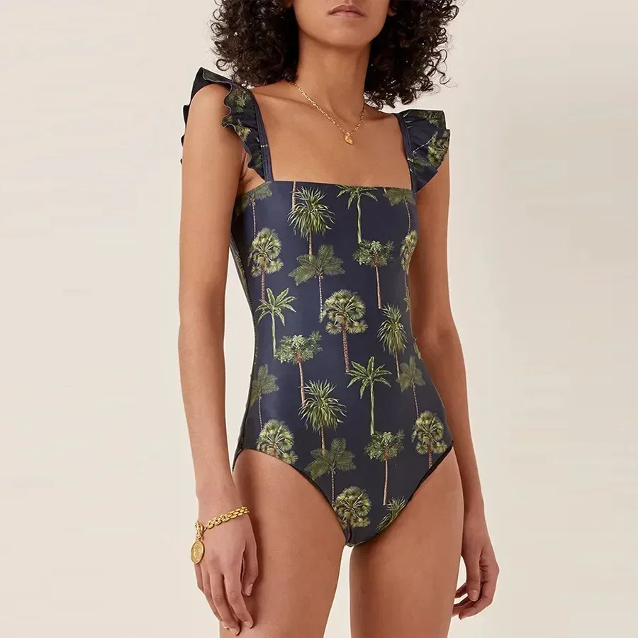One-Piece Swimsuit Set for Women, Printed Swimsuit, European and American, French Retro to Cover the Belly, New