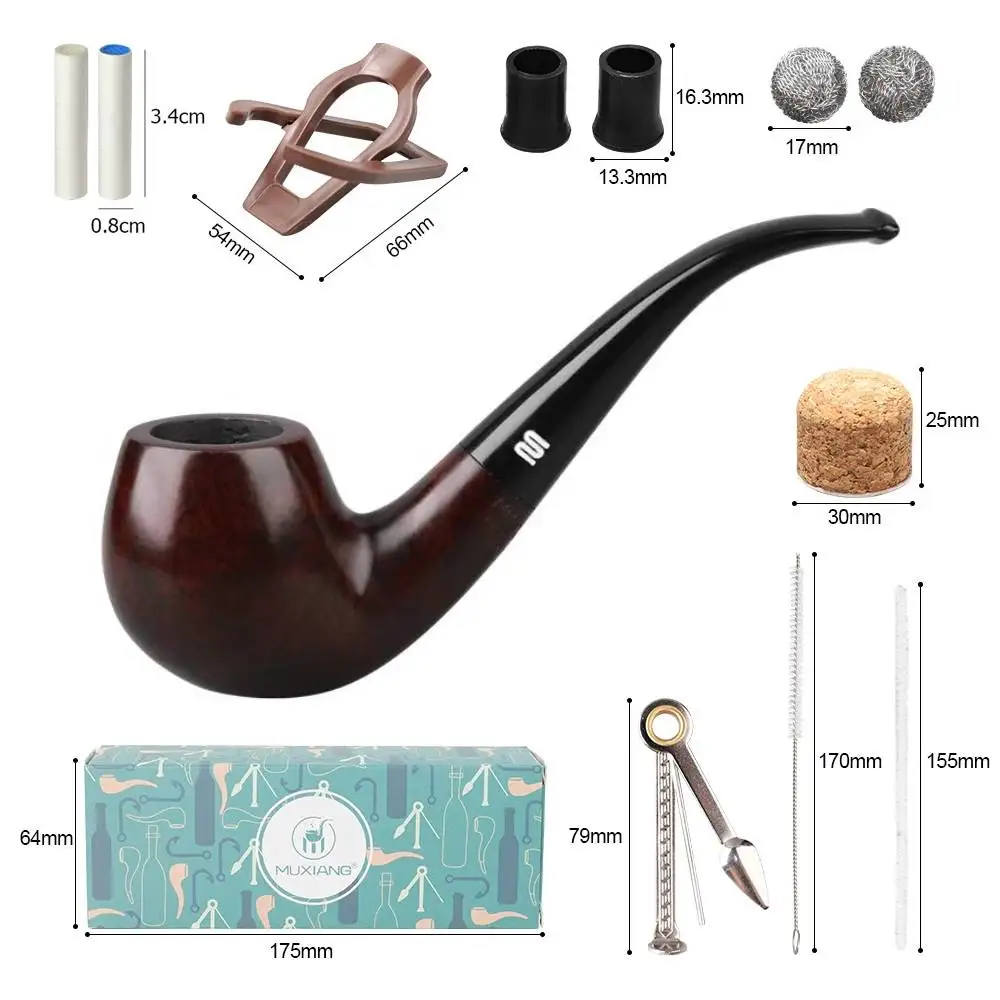 MUXIANG New Briarwood Handmade Bent Stem Mouthpiece Pipe For Smoking With 9mm Filter Free 10 Pipe Cleaning Accessories Aa0008s-2