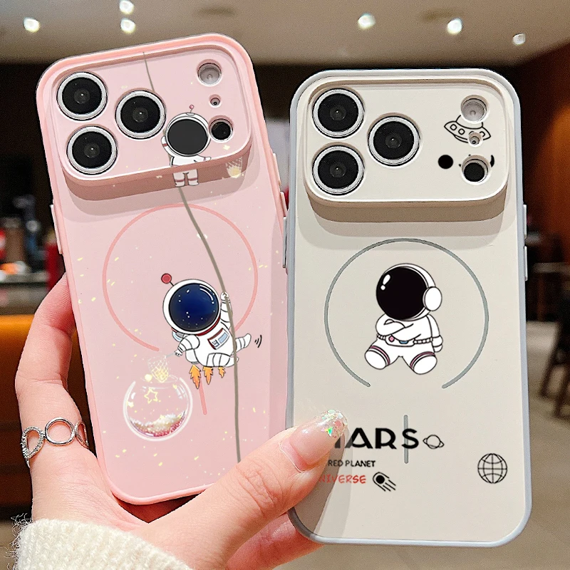 Niedliches Astronauten-Muster Magnetische Hülle für iPhone 17 16 15 14 13 Pro Max für MagSafe Kabelloses Laden Linsenschutz Harte Handyhülle