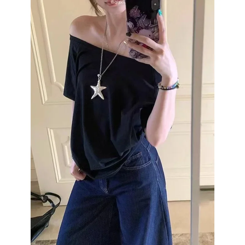 

2026 New Women Solid Off Shoulder Short Sleeve T-Shirt Chic Loose Casual Daily Simple Sexy Korean Trendy Streetwear Tops Summer