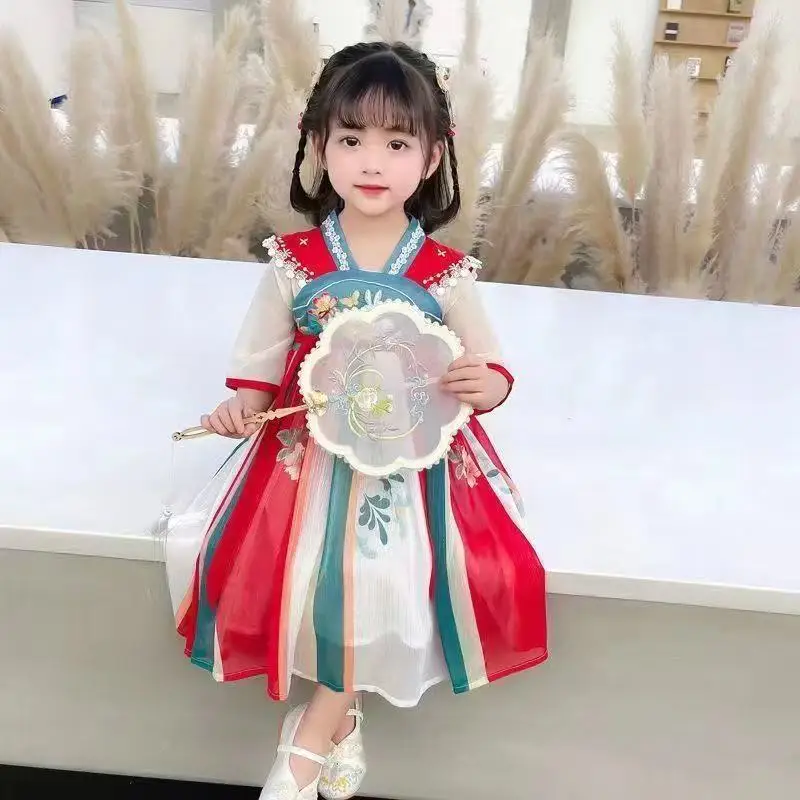 

Girls Hanfu Summer Children's Embroidered Tang Dress Super Xianru Dress Little Girls Chiffon Western-style Ancient Dress