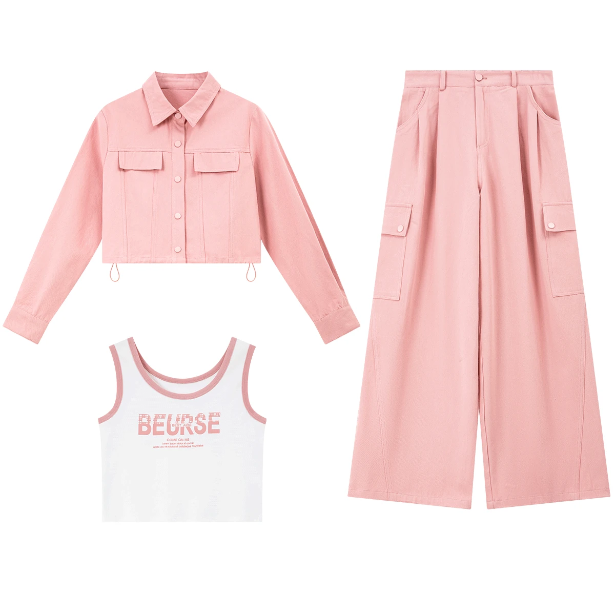 VIMLY Women's 3 Piece Set 2026 Spring New Utility Cargo Style Printed Tank Top Cropped Jacket straight pants Women's suit 30789 - view 6