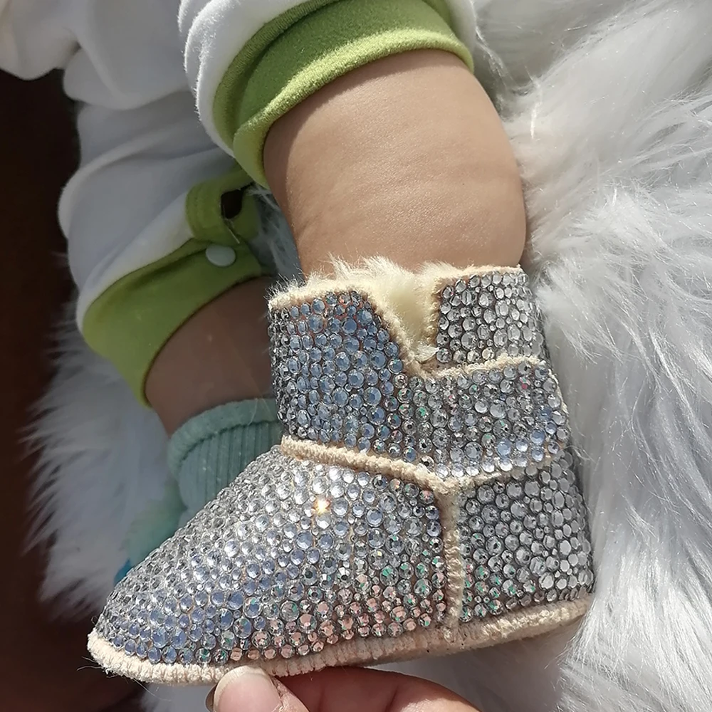 Handmade Bow Hairband Rhinestones Baby Girl Snow Boots Winter Shoes Comb First Walker Sparkle Bling Crystal Princess Shower Gift