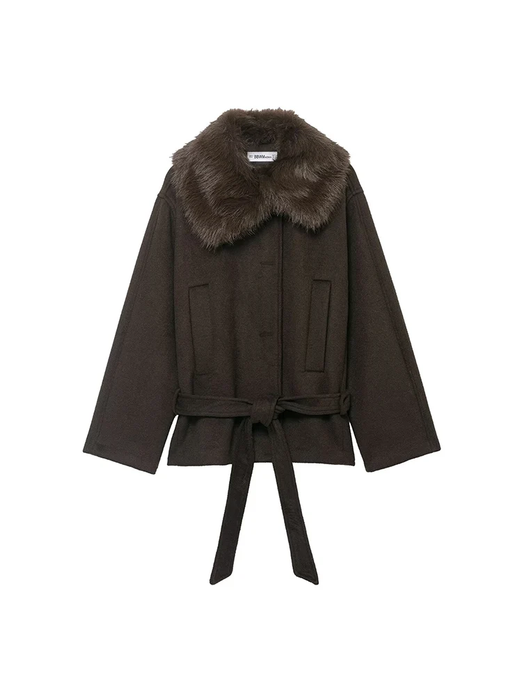 

European-style new women's fashionable and versatile solid color single-breasted faux fur collar coat/jacket.